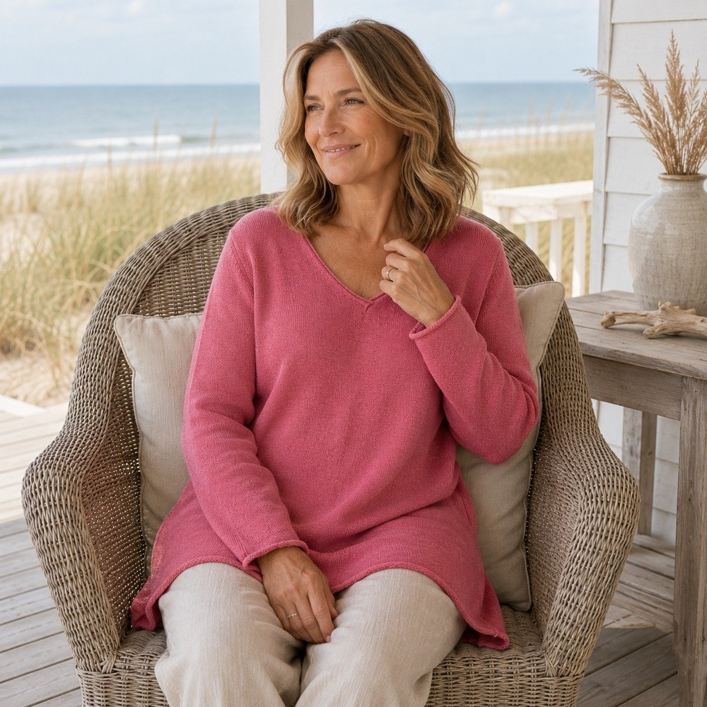 LL Bean Linen Cotton Sweater Sz XL Pink V Neck Coastal Preppy Outdoors